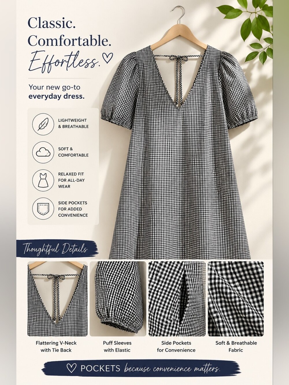 a new day Black & White Gingham V-Neck Puff-Sleeve Midi Dress